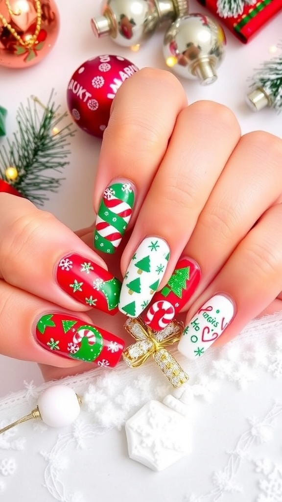 Festive Christmas nail designs with red and green polish, snowflakes, trees, and candy canes on a snowy background.